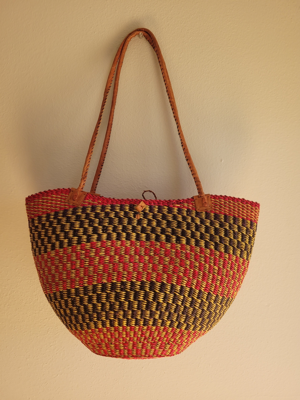 Handwoven Pink & Black African Golga Tote Bag with Leather Straps